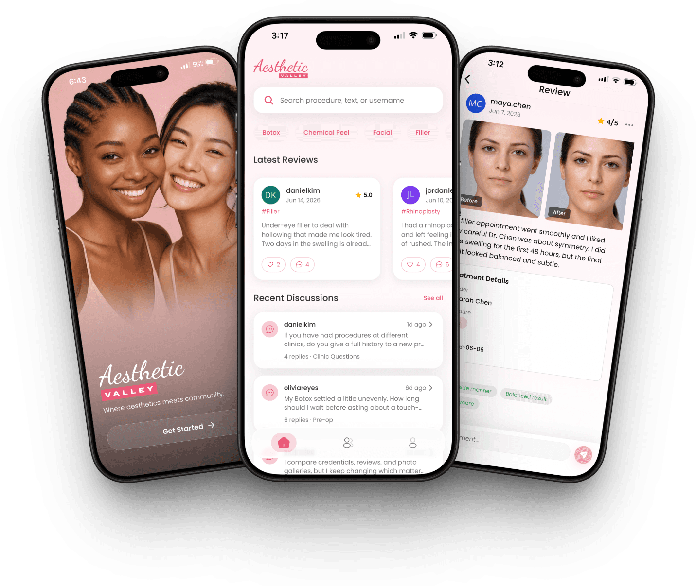 Aesthetic Valley app — home feed, reviews, and community discussions
